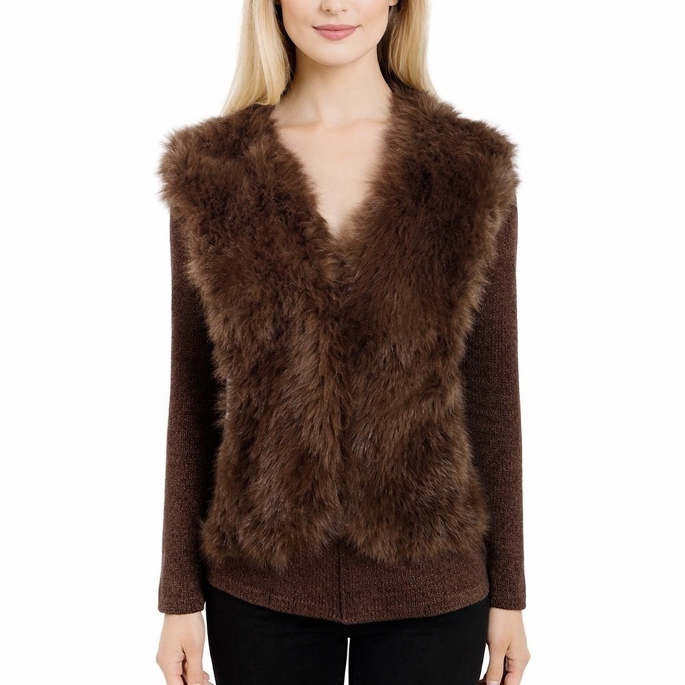 Lisa International Brown Chenille Knit Cardigan Sweater Fur Collar Chic Size L
